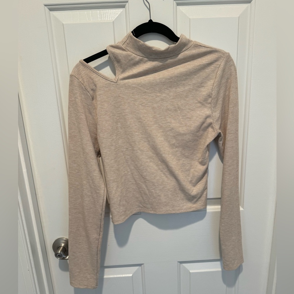 Vestique Cold Shoulder Tan Ribbed Mock Neck Crop Top Size M